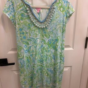 Lilly Pulitzer Blue Green Pom-Pom Trim V-Neck Top